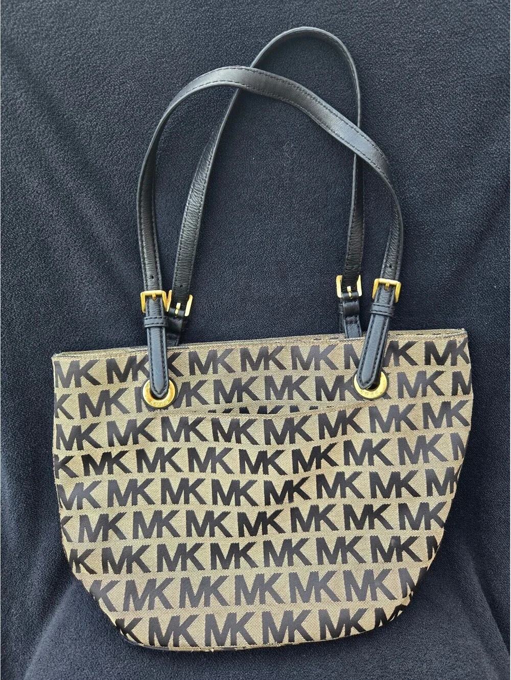 Michael Kors MK Logo Tote Bag Brown Black Canvas Leather Shoulder Handbag Purse